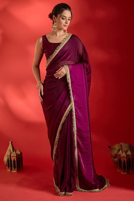 Tanya Wine Satin Solid With Sequin Border Ready To Wear Saree