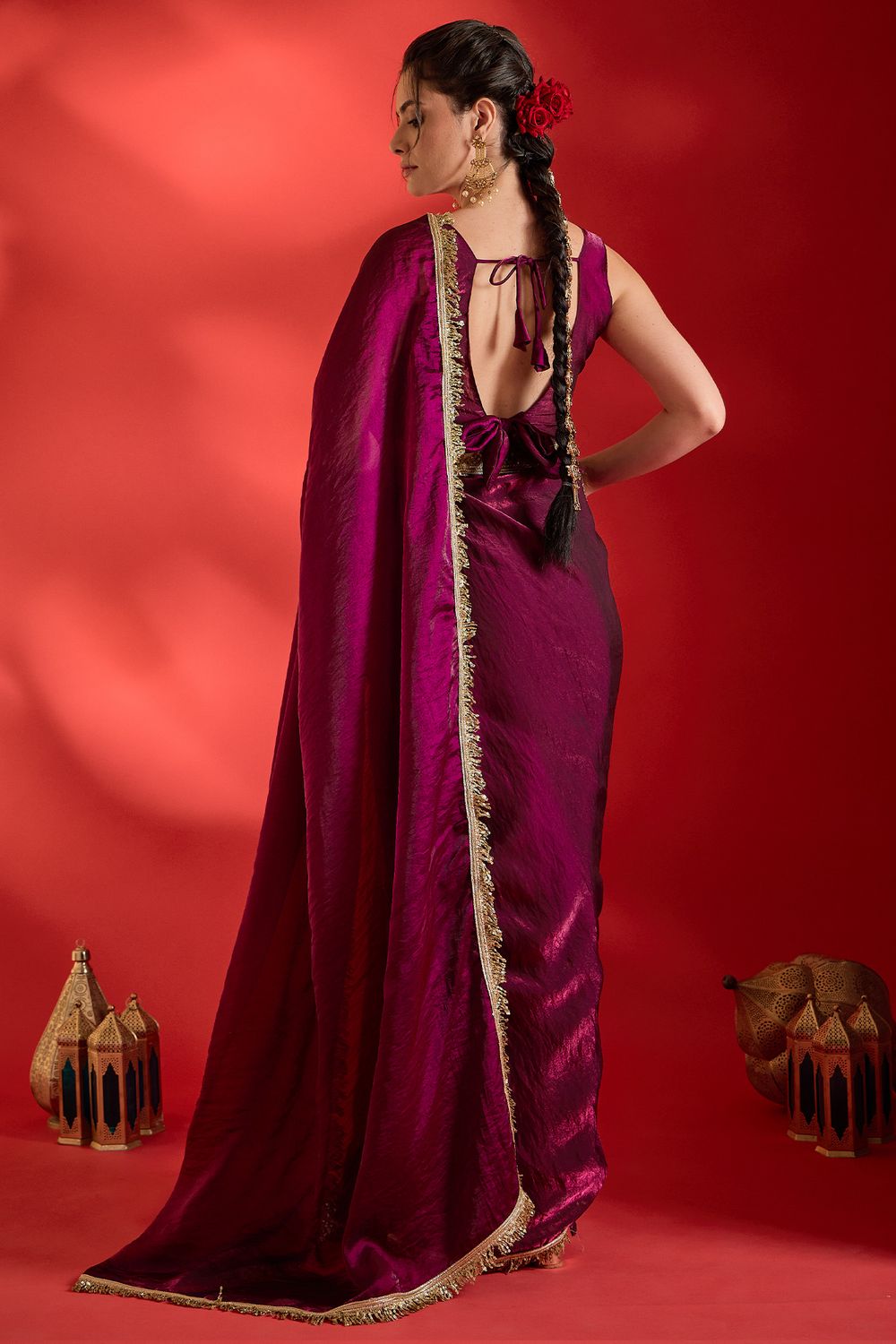 Tanya Wine Satin Solid With Sequin Border Ready To Wear Saree