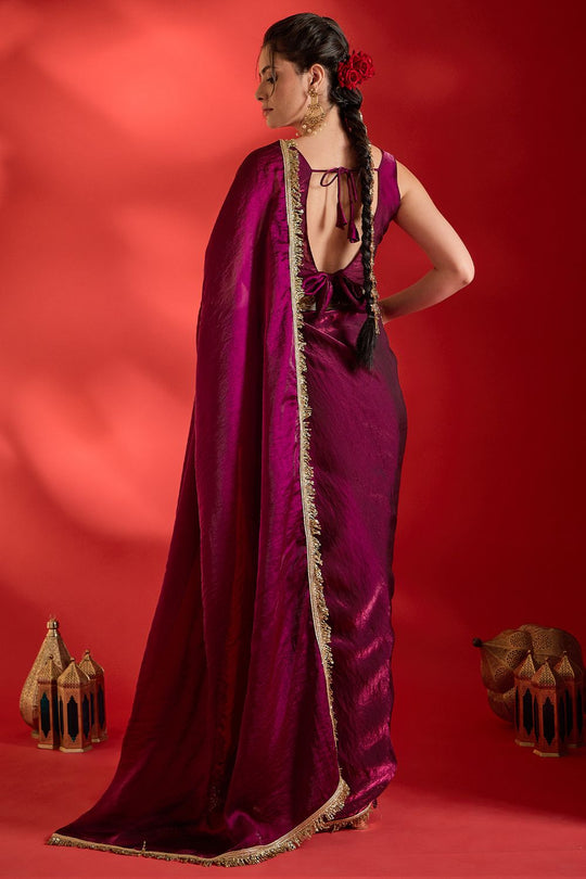 Tanya Wine Satin Solid With Sequin Border Ready To Wear Saree
