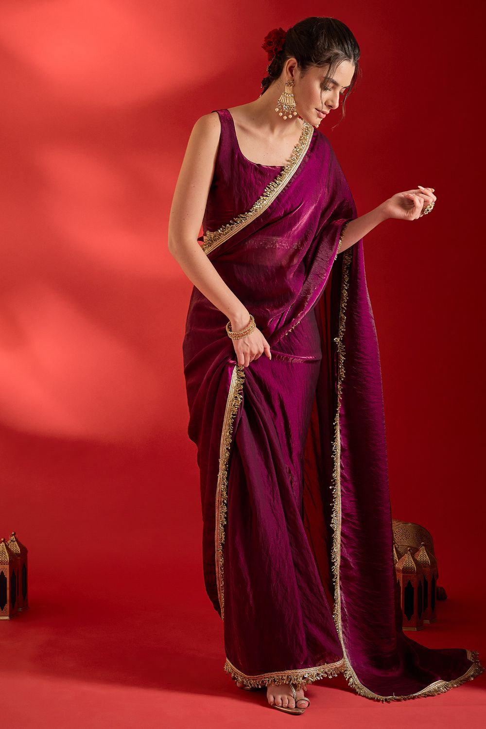 Tanya Wine Satin Solid With Sequin Border Ready To Wear Saree