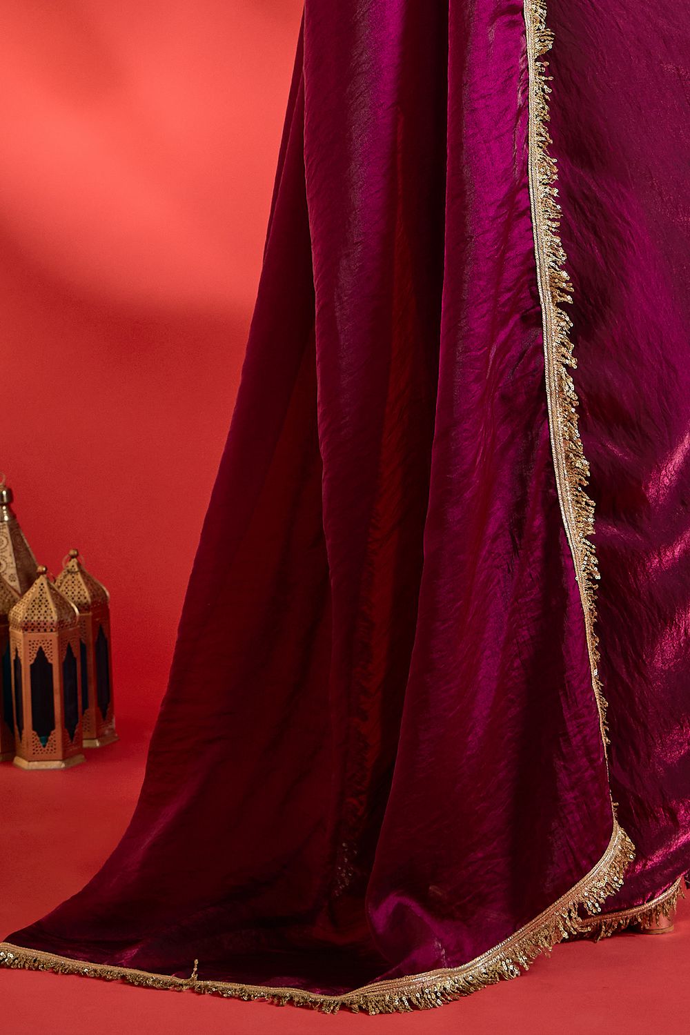 Tanya Wine Satin Solid With Sequin Border Ready To Wear Saree