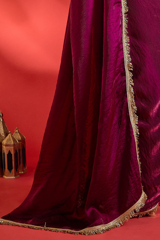 Tanya Wine Satin Solid With Sequin Border Ready To Wear Saree