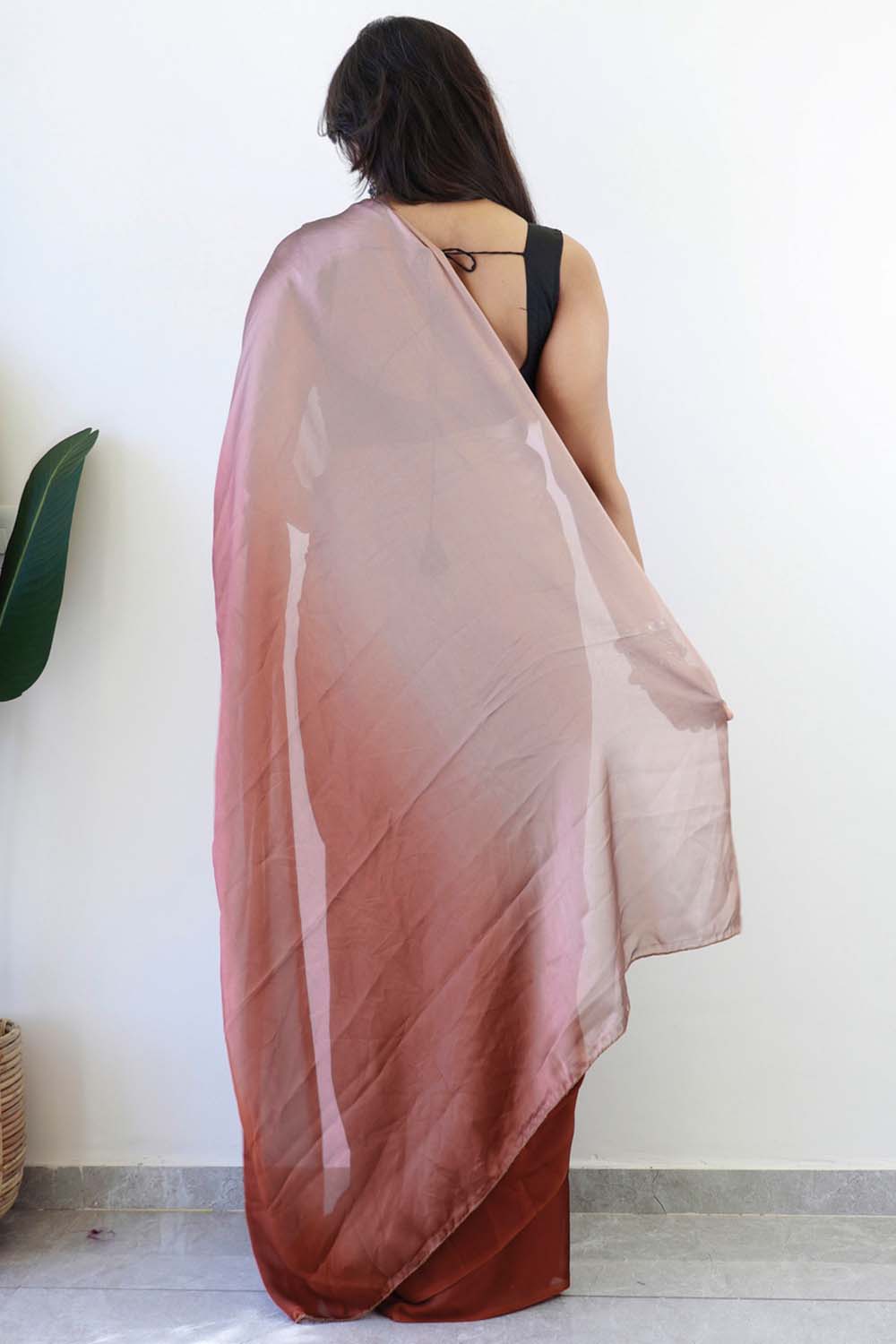 Brown Georgette Ombre One Minute Saree – Ready to Wear
