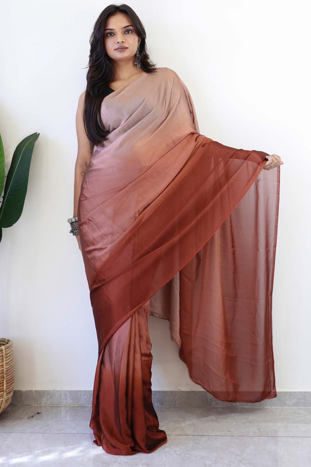 Brown Georgette Ombre One Minute Saree – Ready to Wear