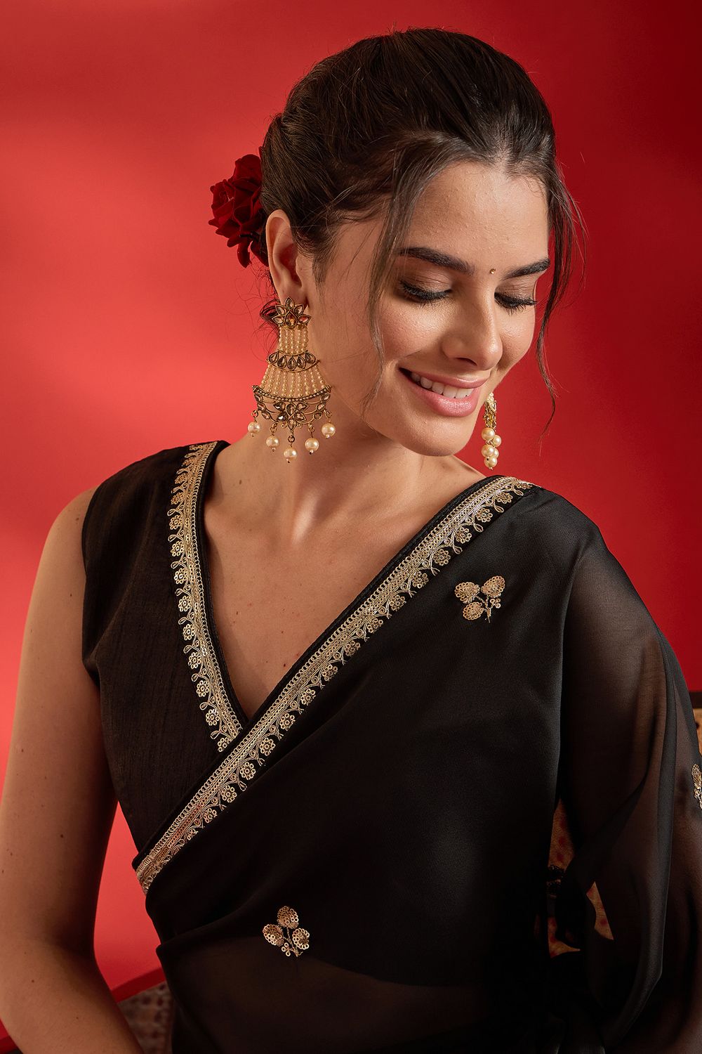 Merve Black Georgette Sequins Ready To Wear Saree