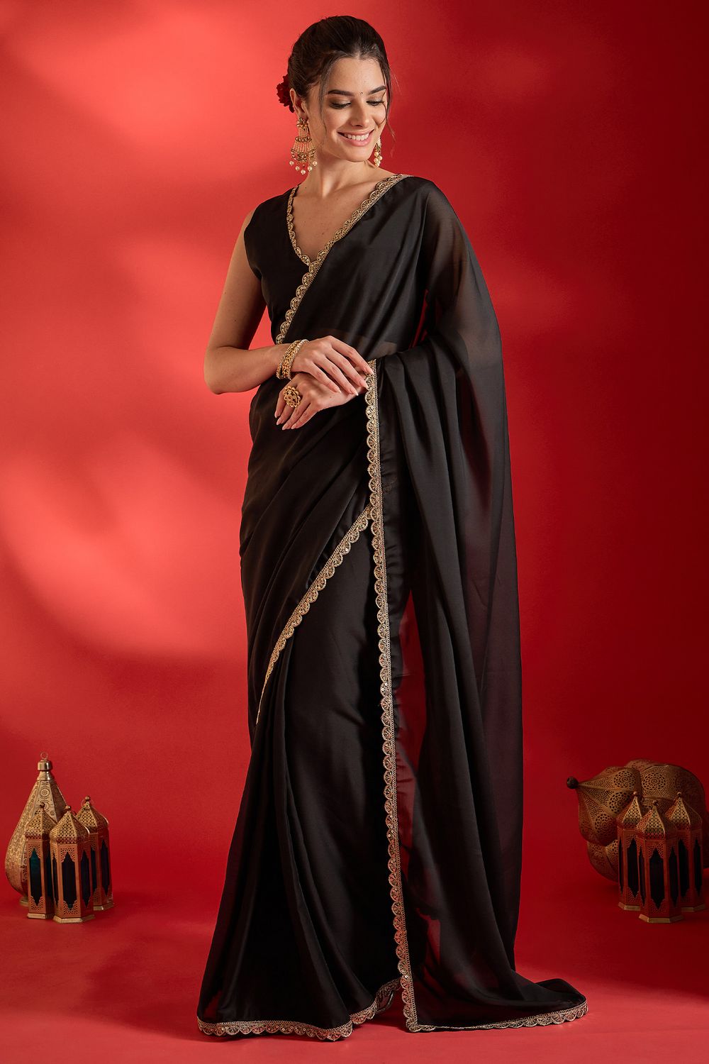 Linda Black Georgette Solid With Sequin Border Ready To Wear Saree