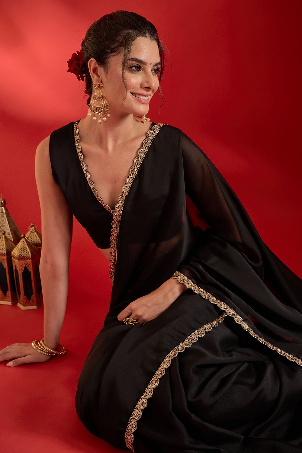 Linda Black Georgette Solid With Sequin Border Ready To Wear Saree