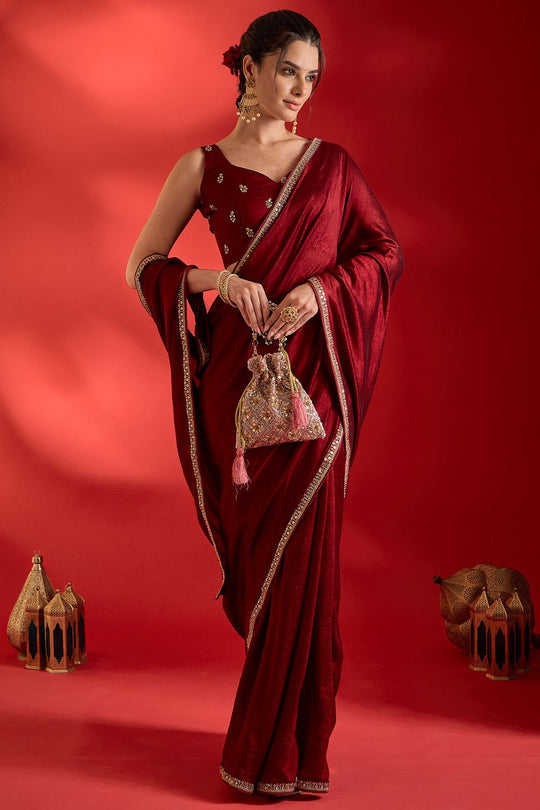 Chyna Maroon Vichitra Silk Solid With Sequin Border Ready To Wear Saree