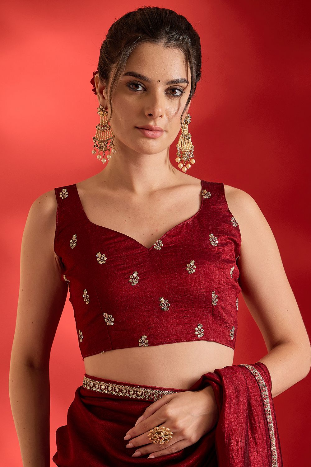 Chyna Maroon Vichitra Silk Solid With Sequin Border Ready To Wear Saree