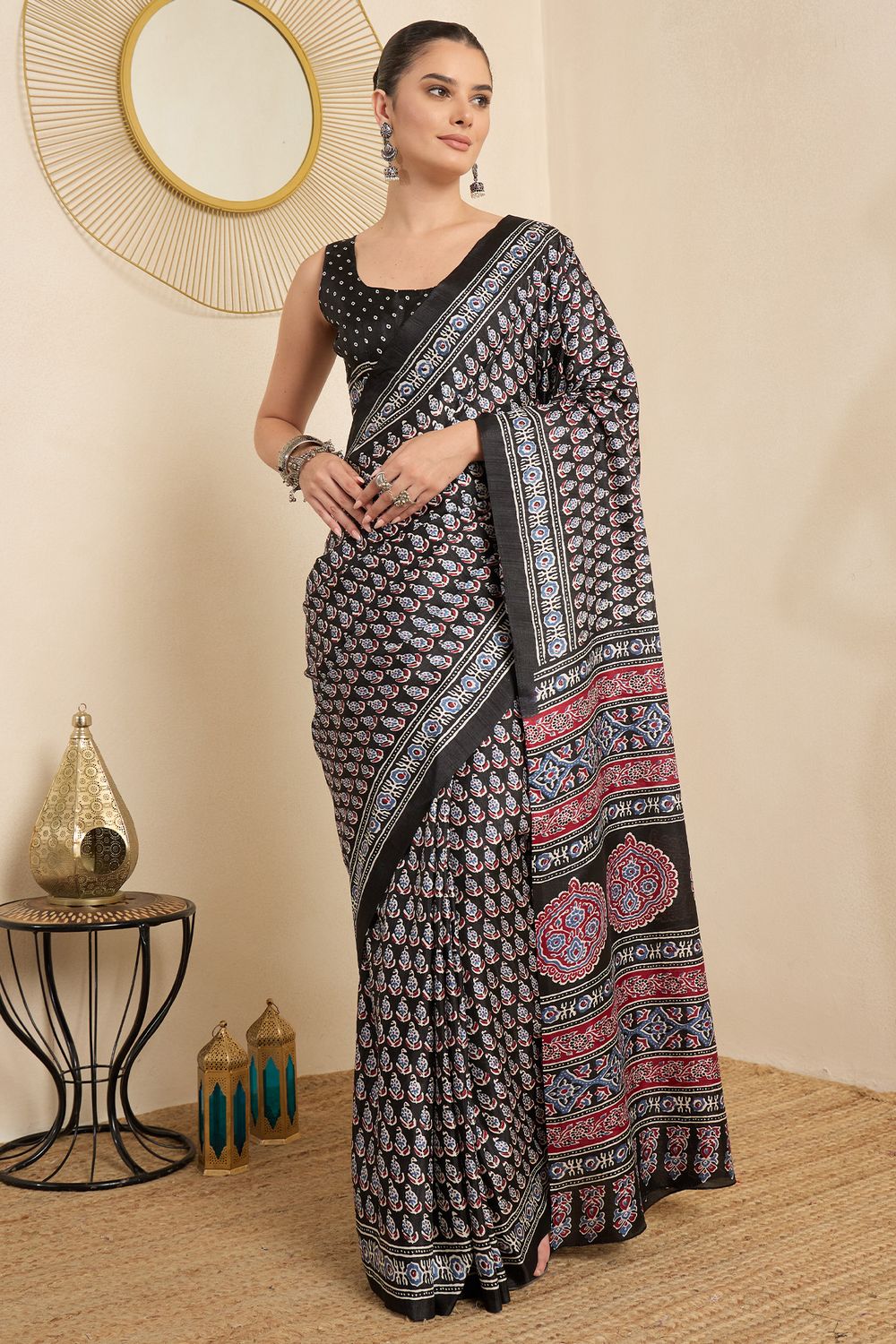 Rakhi Black Silk Ajrakh Printed Ready To Wear Saree