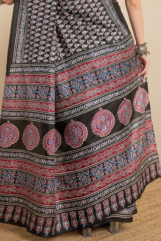 Rakhi Black Silk Ajrakh Printed Ready To Wear Saree