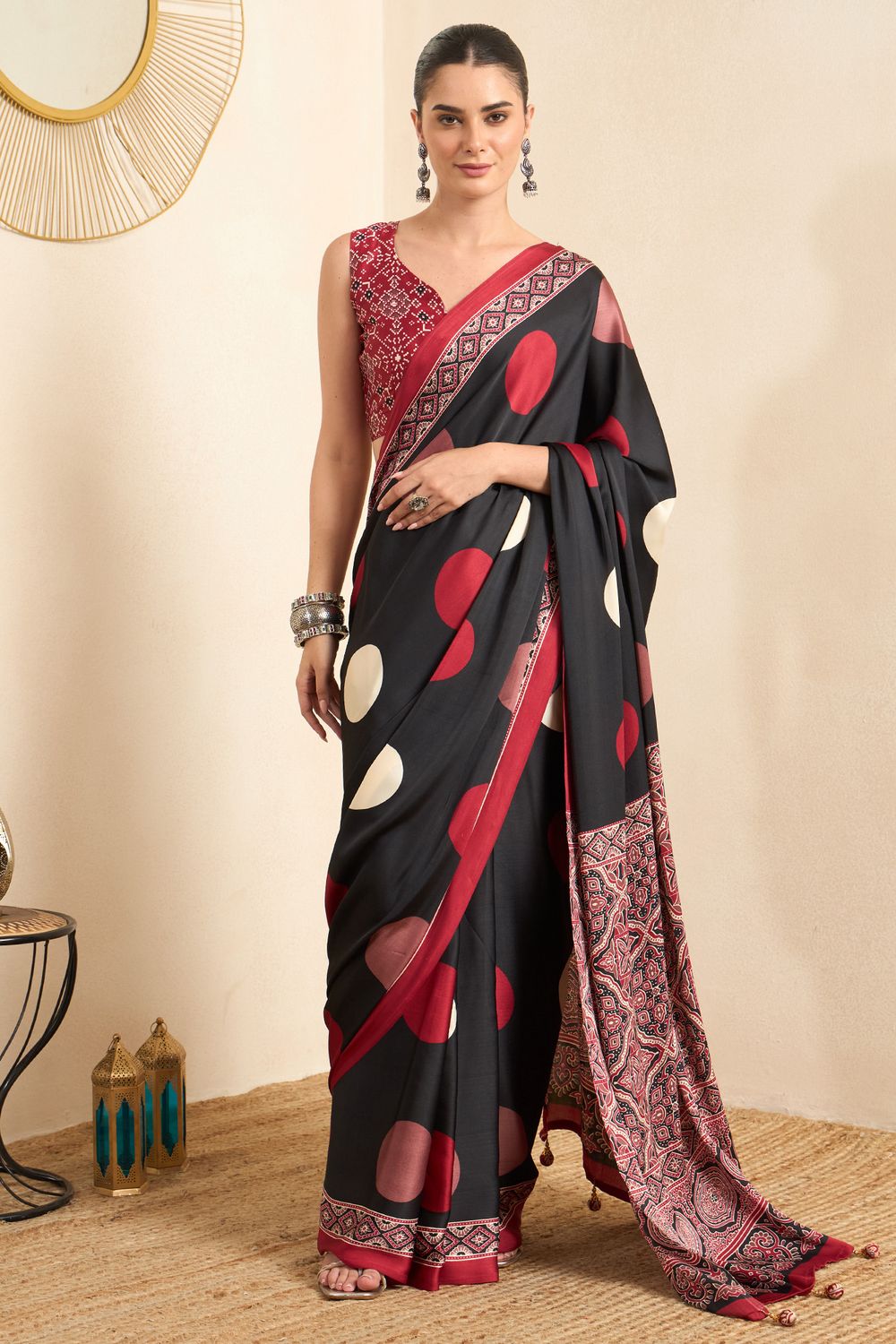 Rakhi Black Crepe Ajrakh Printed Ready To Wear Saree