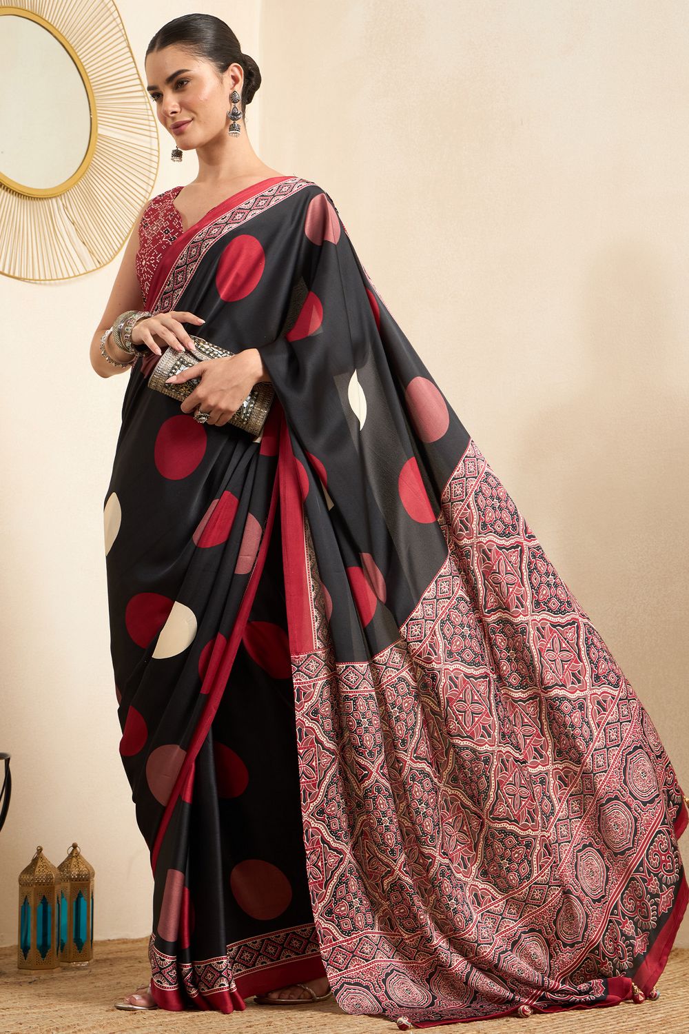 Rakhi Black Crepe Ajrakh Printed Ready To Wear Saree