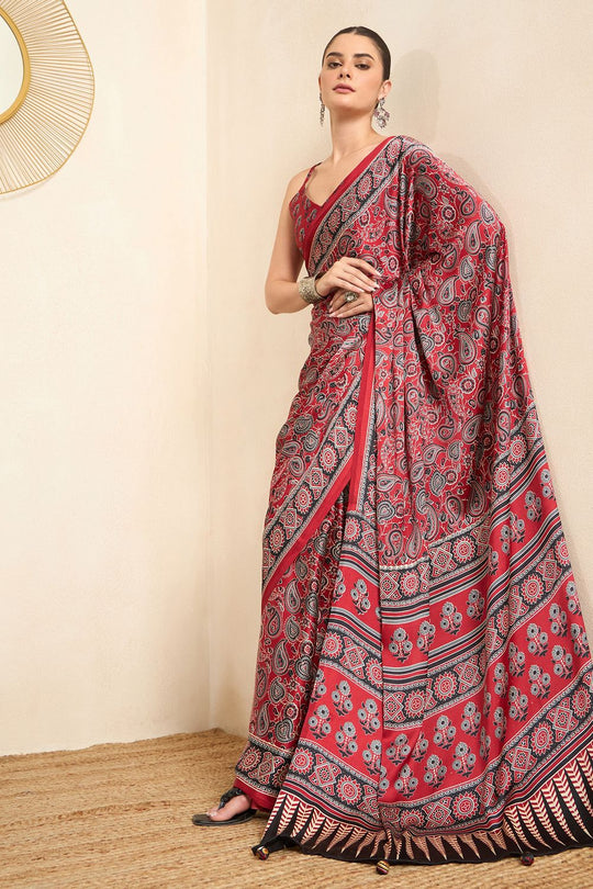 Rakhi Maroon Crepe Ajrakh Printed Ready To Wear Saree