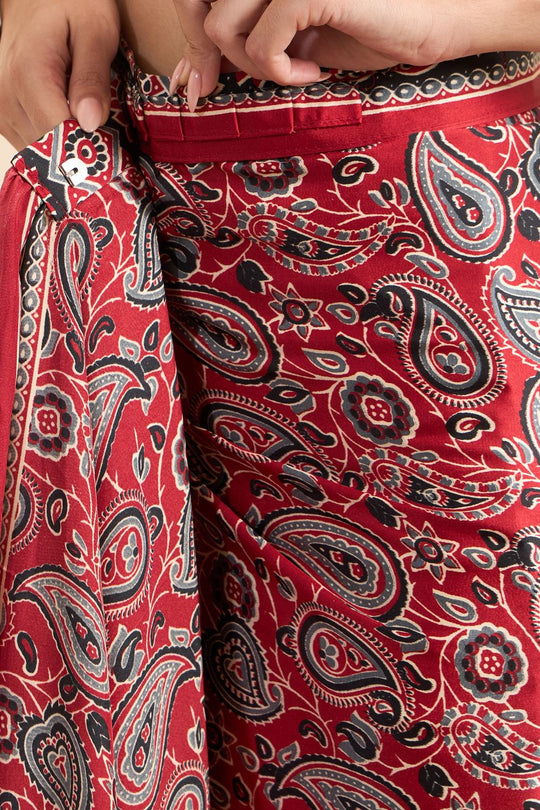 Rakhi Maroon Crepe Ajrakh Printed Ready To Wear Saree