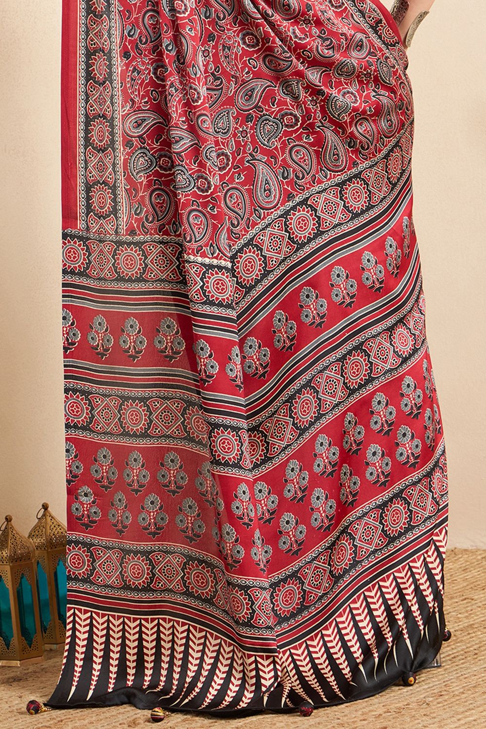 Rakhi Maroon Crepe Ajrakh Printed Ready To Wear Saree