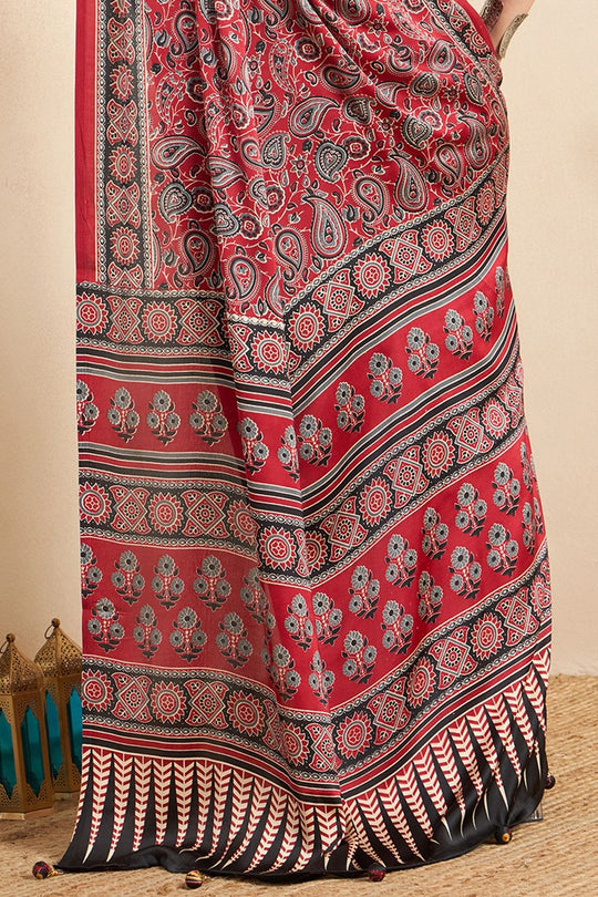 Rakhi Maroon Crepe Ajrakh Printed Ready To Wear Saree