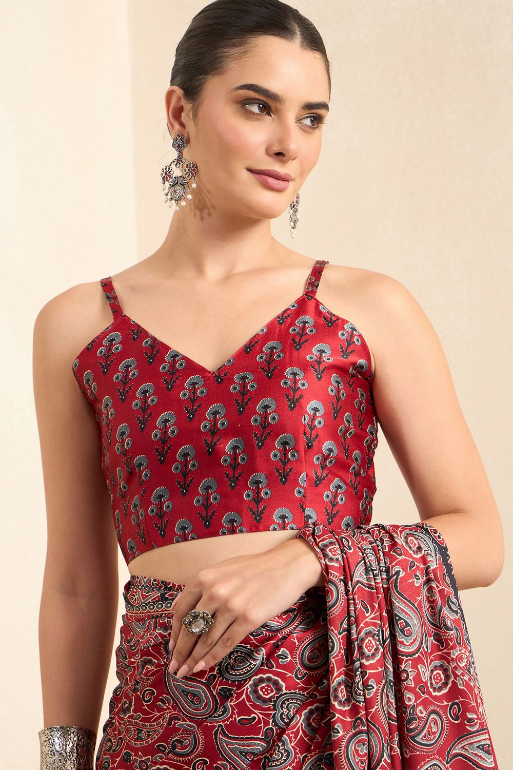 Rakhi Maroon Crepe Ajrakh Printed Ready To Wear Saree