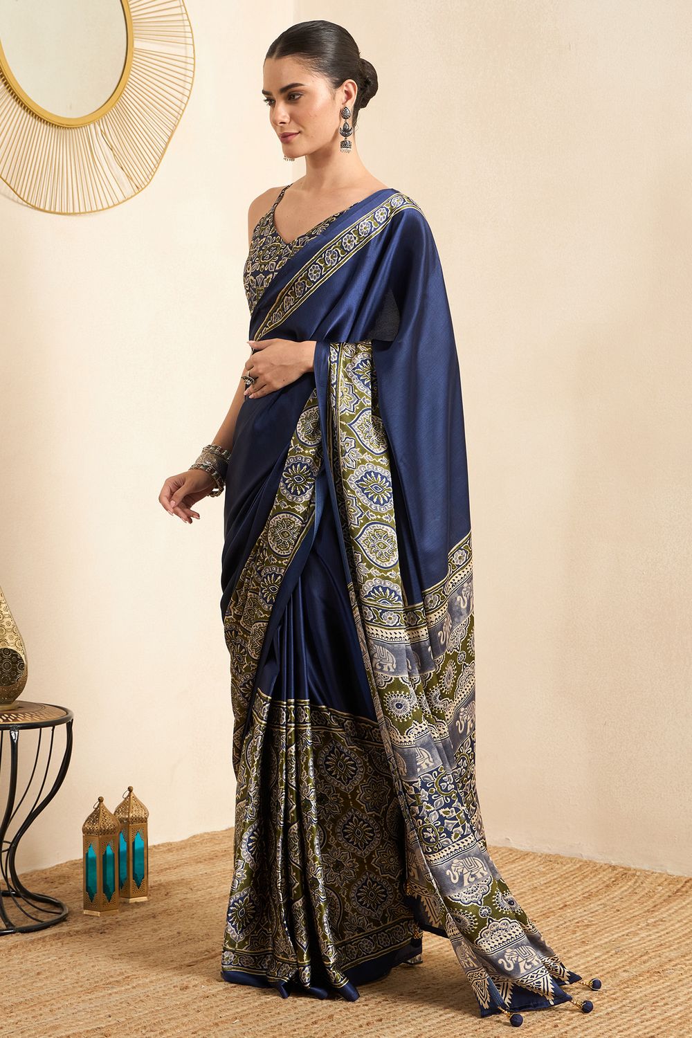 Rakhi Blue Crepe Ajrakh Printed Ready To Wear Saree