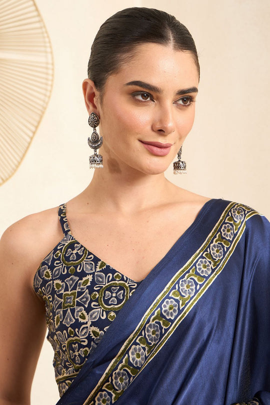 Rakhi Blue Crepe Ajrakh Printed Ready To Wear Saree