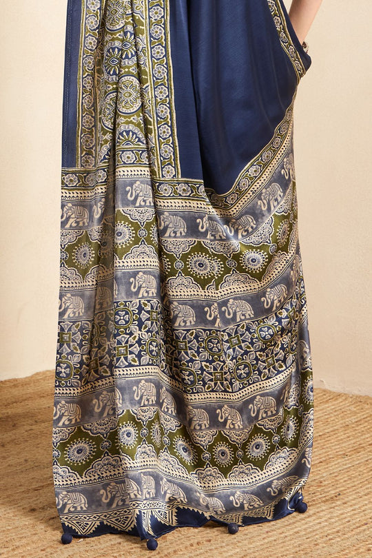 Rakhi Blue Crepe Ajrakh Printed Ready To Wear Saree