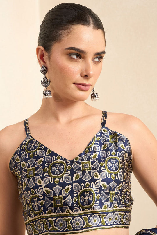Rakhi Blue Crepe Ajrakh Printed Ready To Wear Saree
