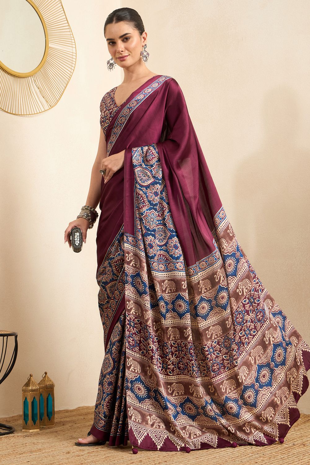 Rakhi Wine Crepe Ajrakh Printed Ready To Wear Saree
