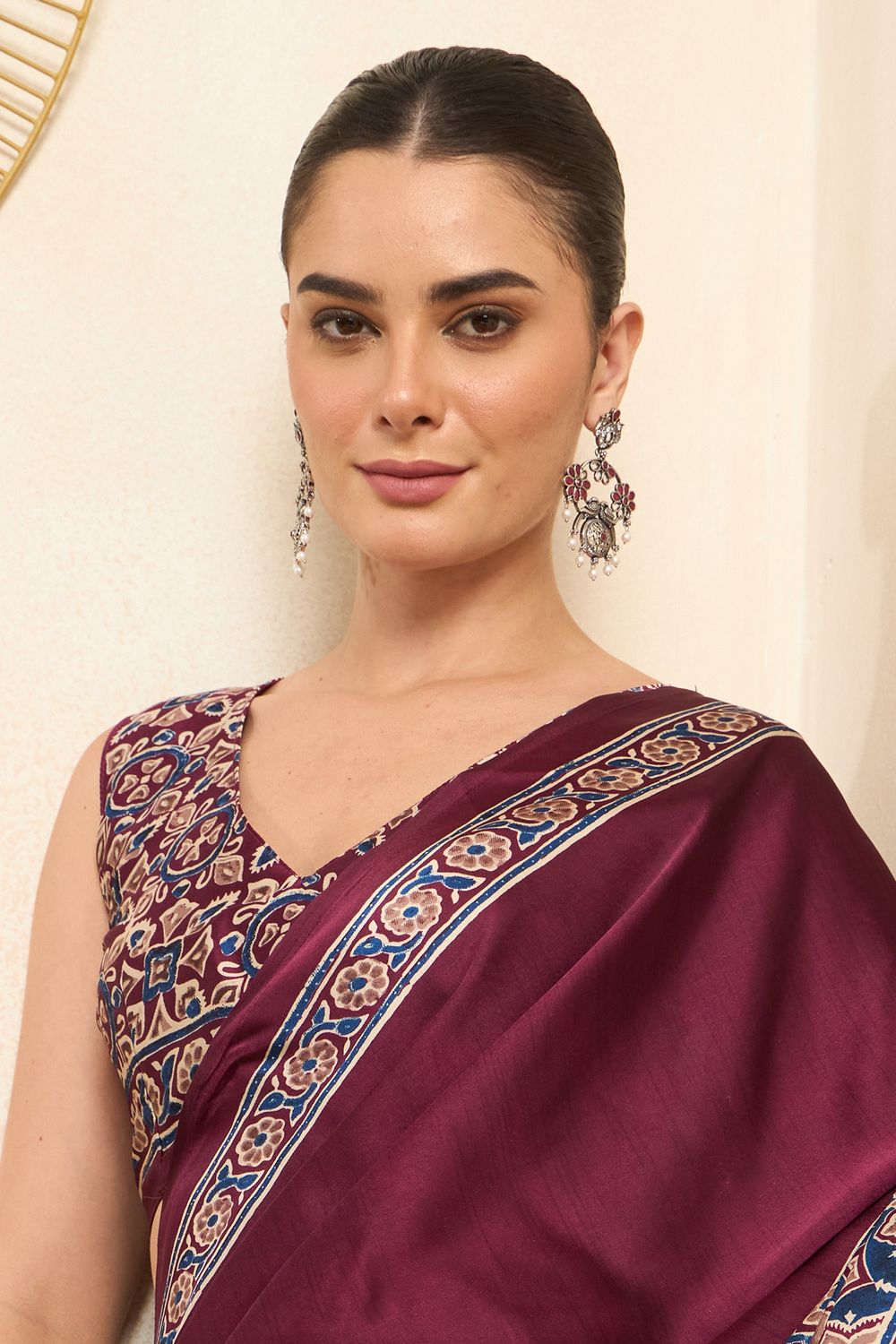 Rakhi Wine Crepe Ajrakh Printed Ready To Wear Saree