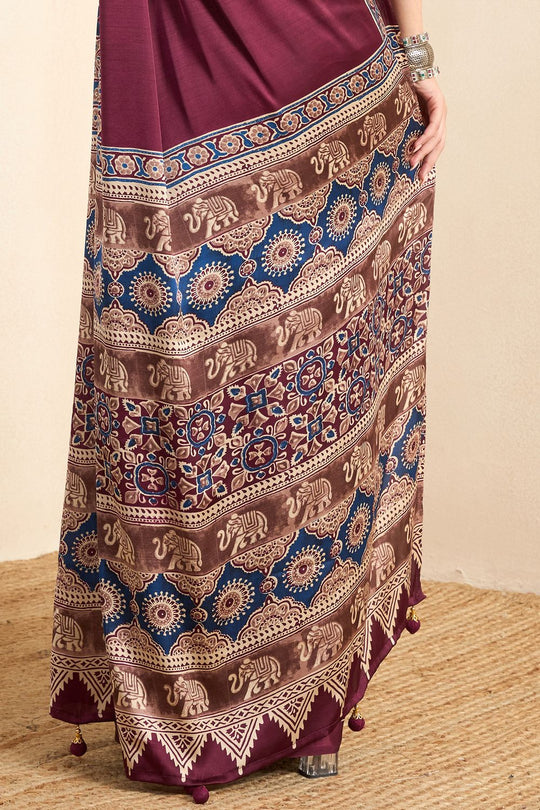 Rakhi Wine Crepe Ajrakh Printed Ready To Wear Saree