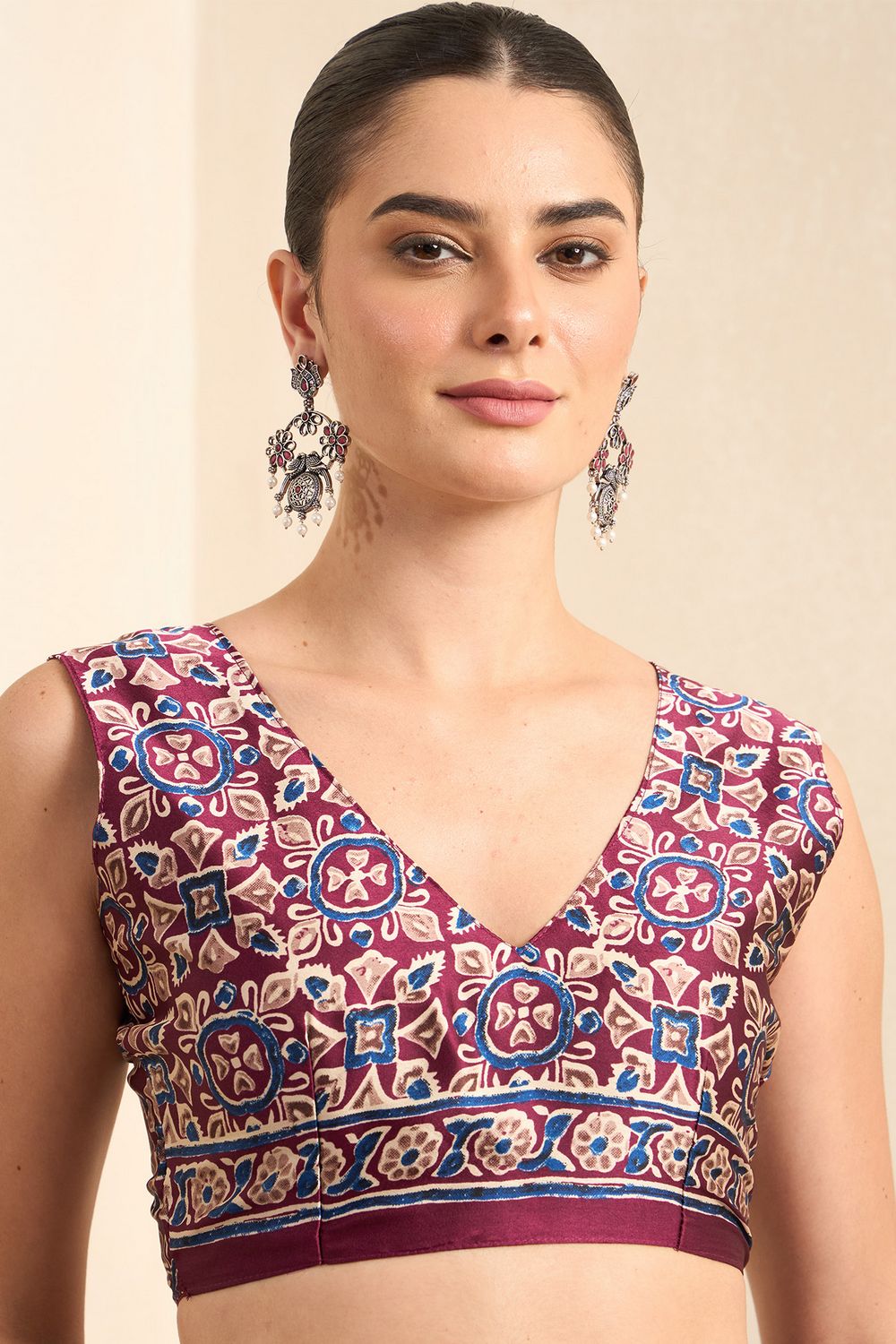 Rakhi Wine Crepe Ajrakh Printed Ready To Wear Saree
