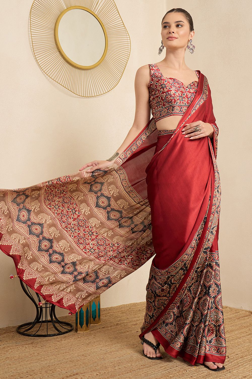 Rakhi Maroon Crepe Ajrakh Printed Ready To Wear Saree