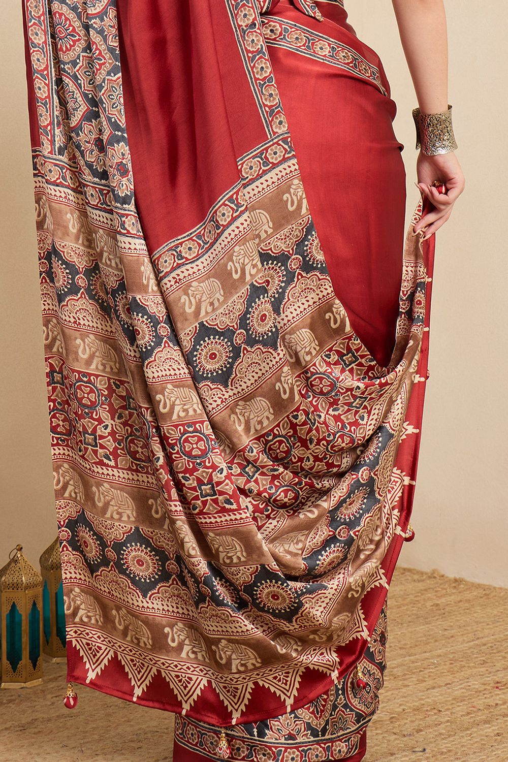Rakhi Maroon Crepe Ajrakh Printed Ready To Wear Saree