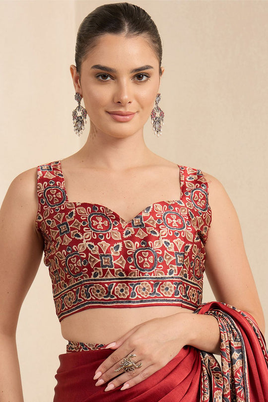 Rakhi Maroon Crepe Ajrakh Printed Ready To Wear Saree
