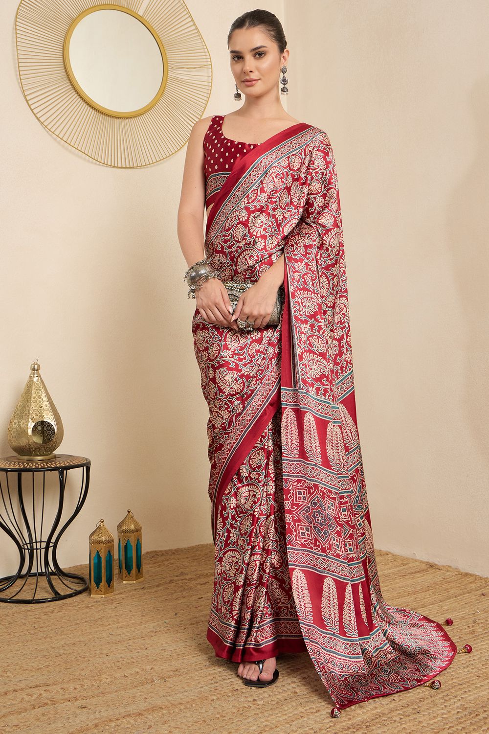 Rakhi Red Crepe Ajrakh Printed Ready To Wear Saree