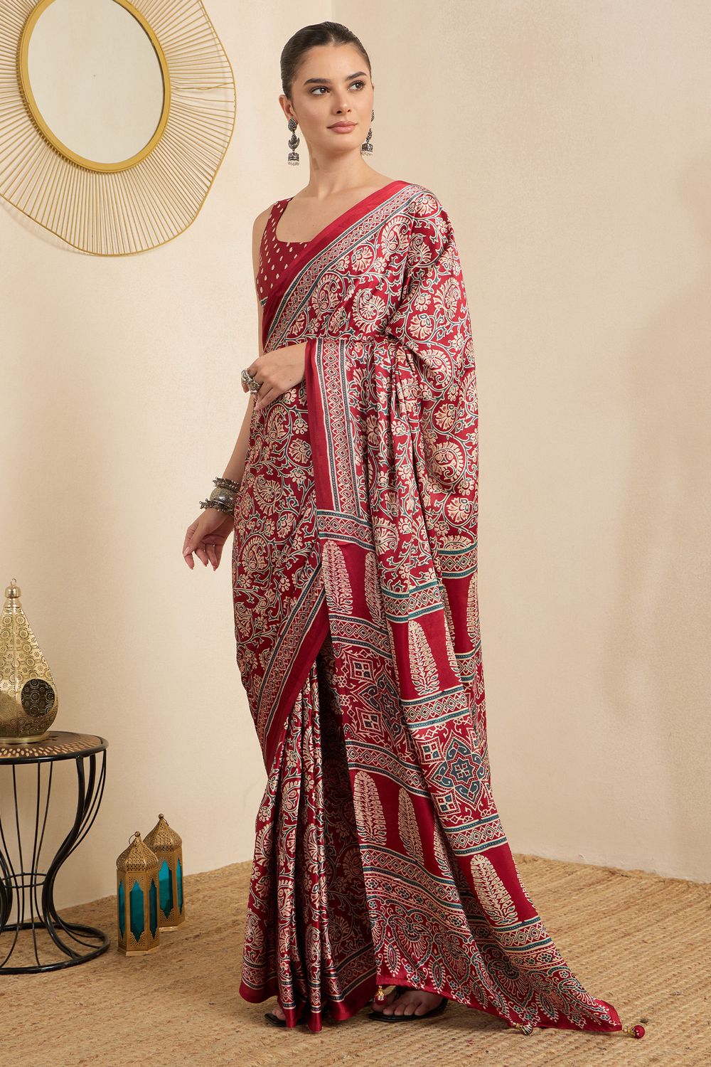 Rakhi Red Crepe Ajrakh Printed Ready To Wear Saree