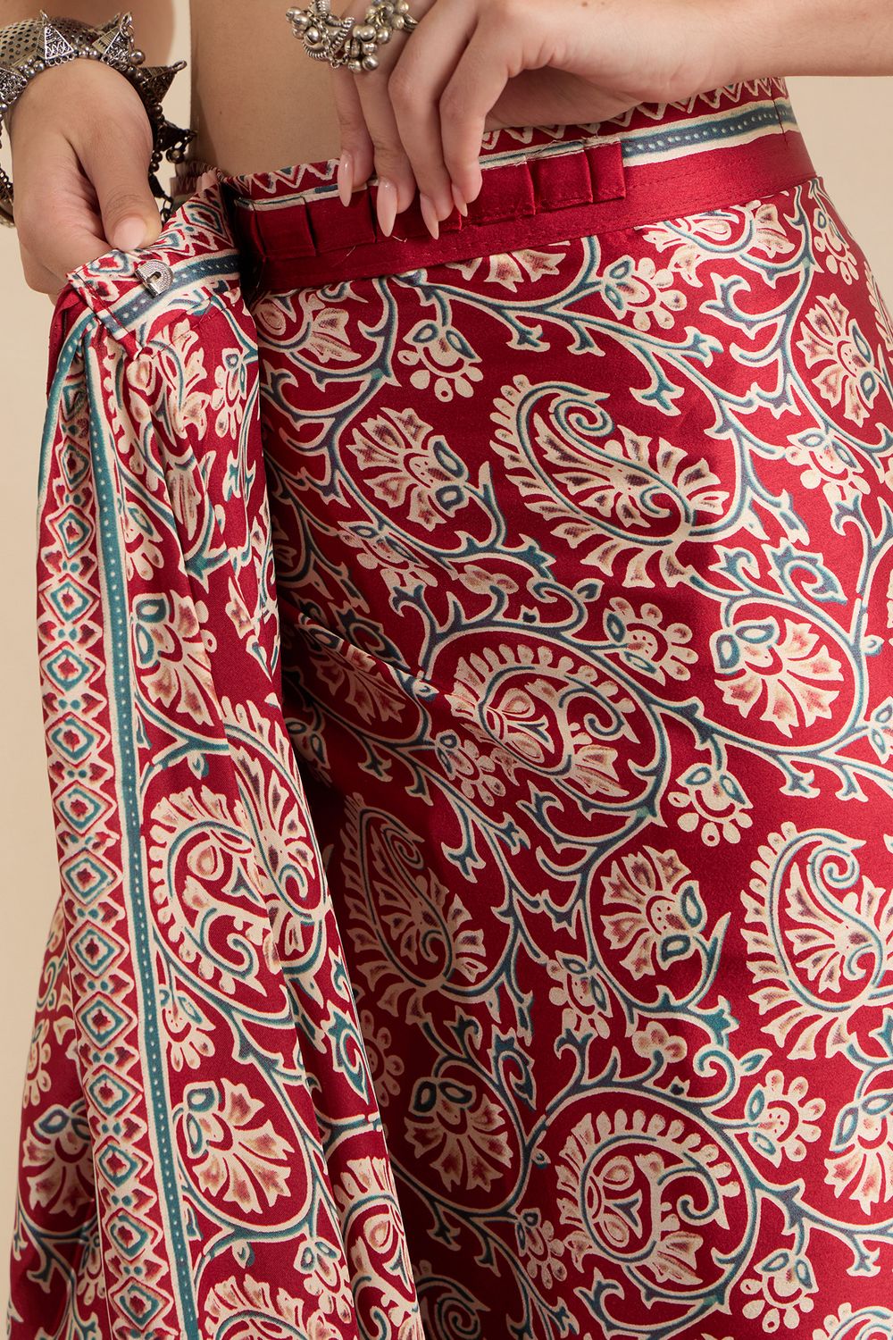 Rakhi Red Crepe Ajrakh Printed Ready To Wear Saree