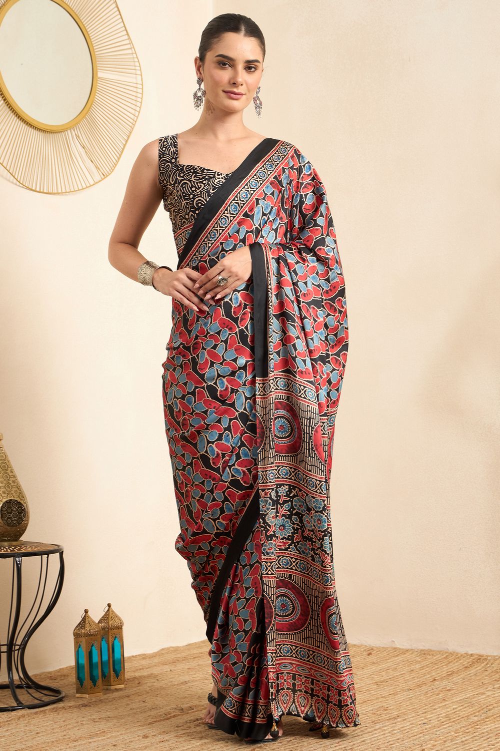 Rakhi Black Crepe Ajrakh Printed Ready To Wear Saree