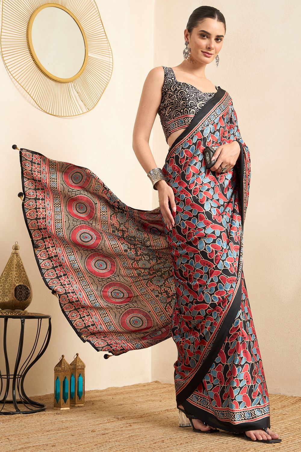 Rakhi Black Crepe Ajrakh Printed Ready To Wear Saree