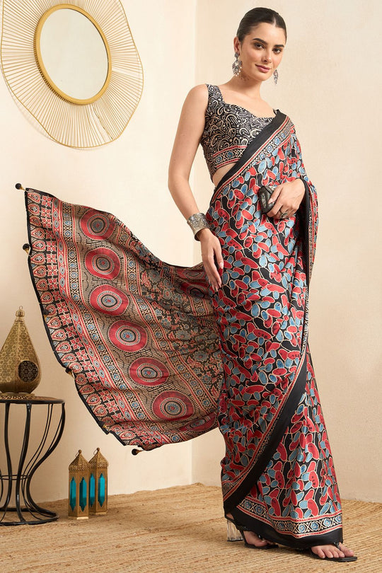 Rakhi Black Crepe Ajrakh Printed Ready To Wear Saree