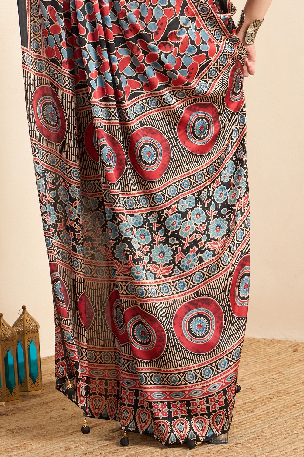 Rakhi Black Crepe Ajrakh Printed Ready To Wear Saree