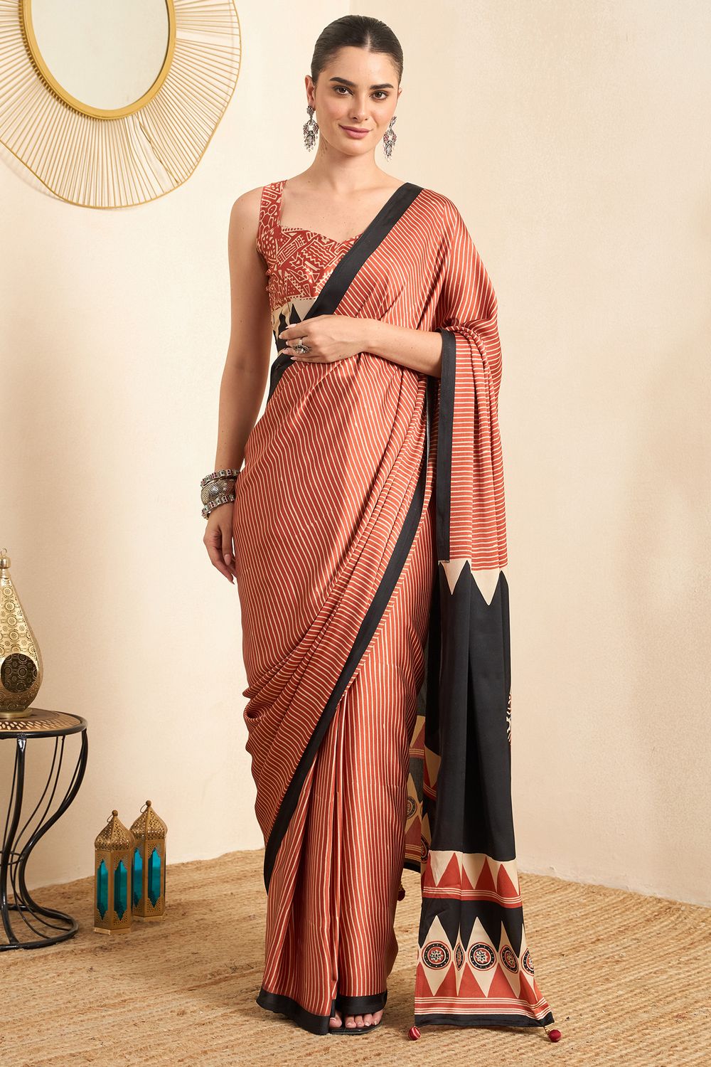 Rakhi Maroon Crepe Ajrakh Printed Ready To Wear Saree