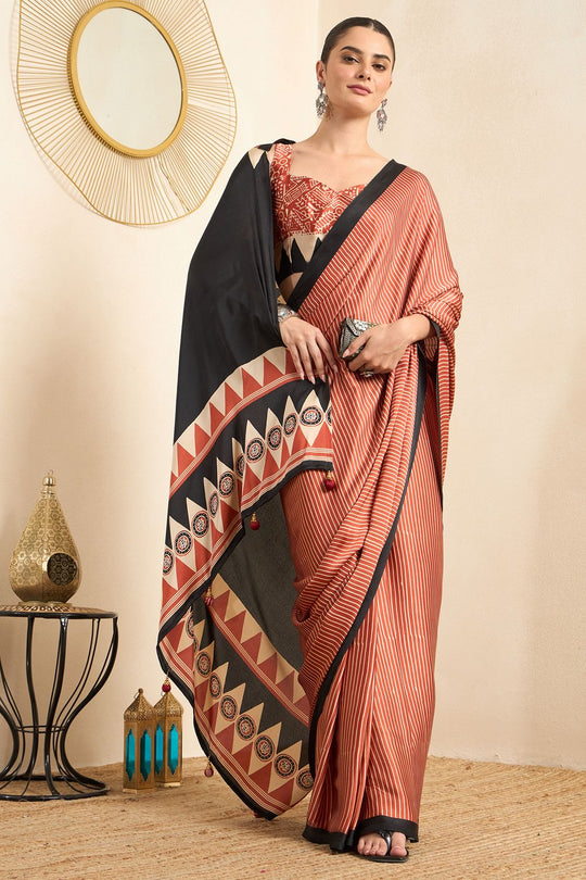 Rakhi Maroon Crepe Ajrakh Printed Ready To Wear Saree