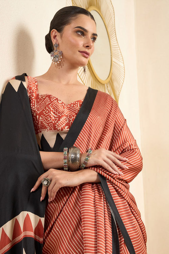 Rakhi Maroon Crepe Ajrakh Printed Ready To Wear Saree