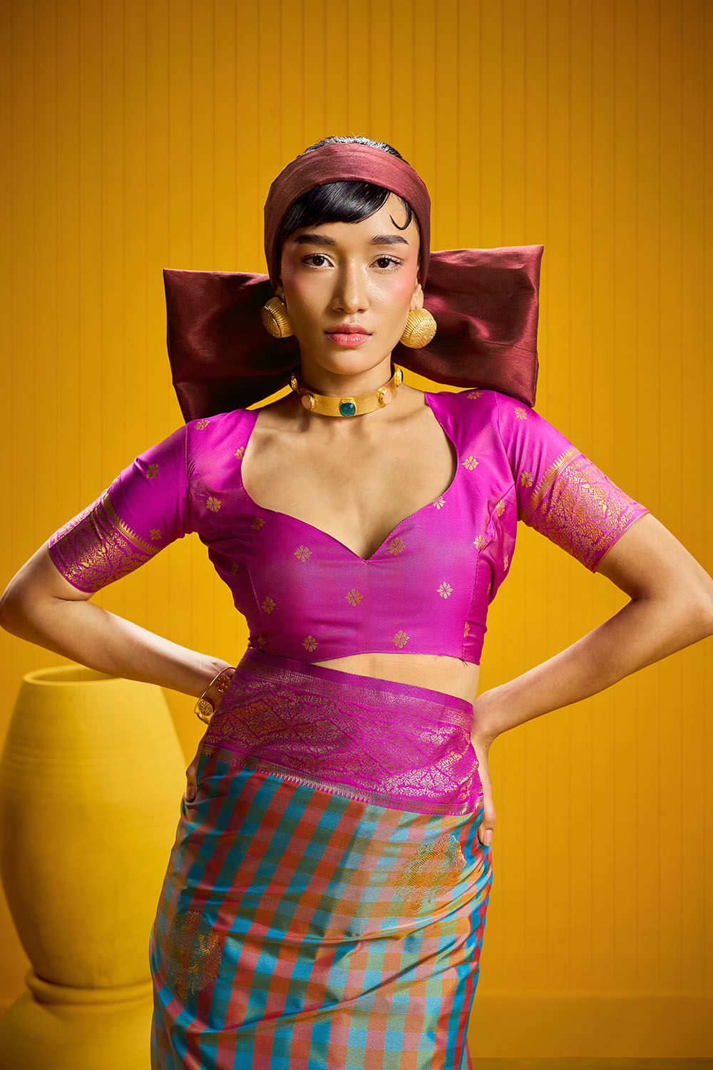 Rubia Magenta & Teal Pure Silk Handloom Zari Checkered Ready to Wear Saree