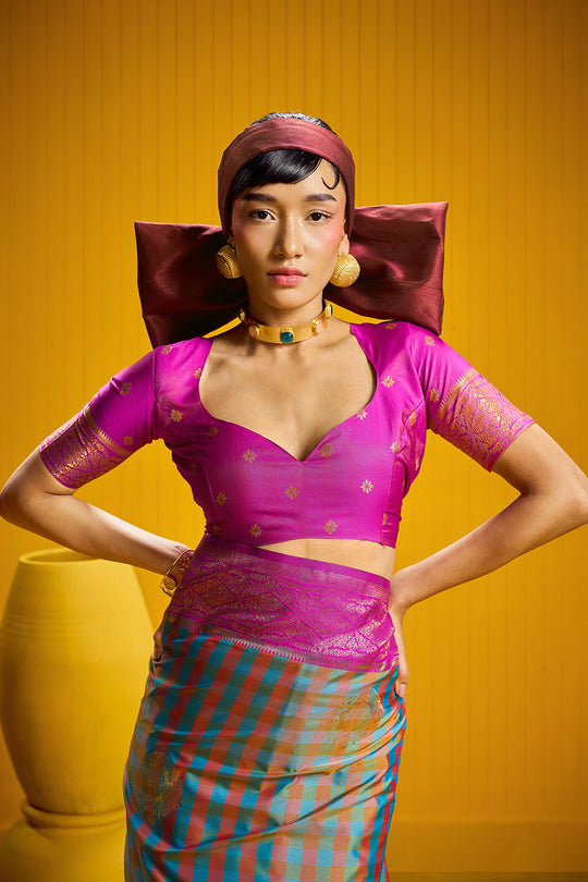 Rubia Magenta & Teal Pure Silk Handloom Zari Checkered Ready to Wear Saree