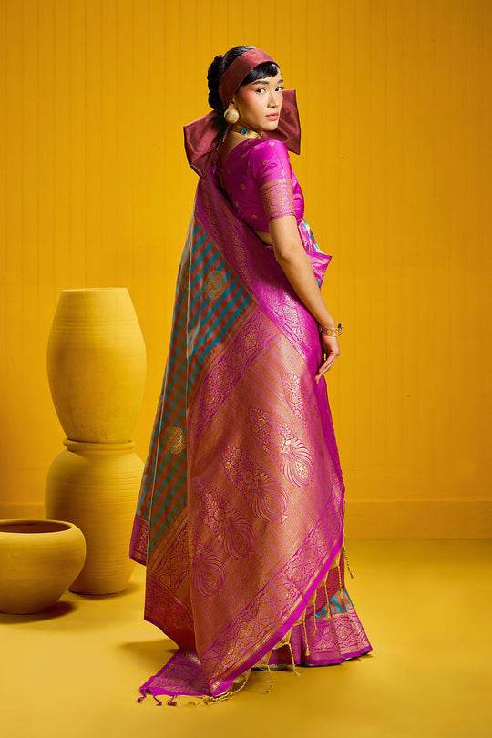 Rubia Magenta & Teal Pure Silk Handloom Zari Checkered Ready to Wear Saree