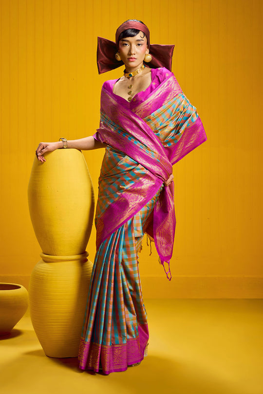 Rubia Magenta & Teal Pure Silk Handloom Zari Checkered Ready to Wear Saree