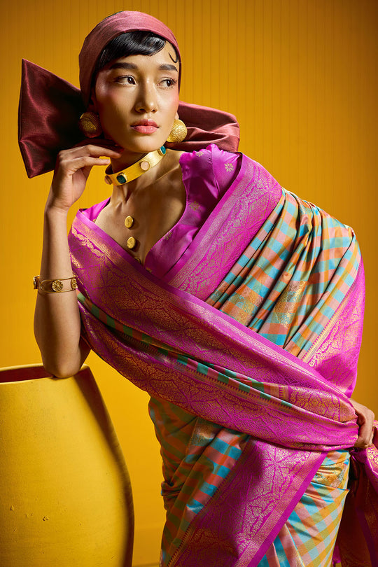 Rubia Magenta & Teal Pure Silk Handloom Zari Checkered Ready to Wear Saree