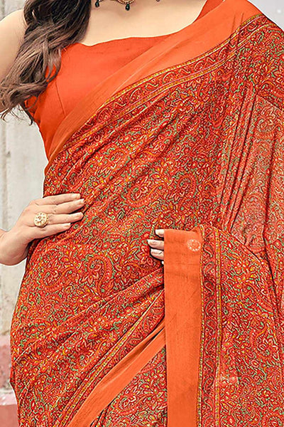 Ruchi Kashmiri Print Orange Chiffon Printed One Minute Saree