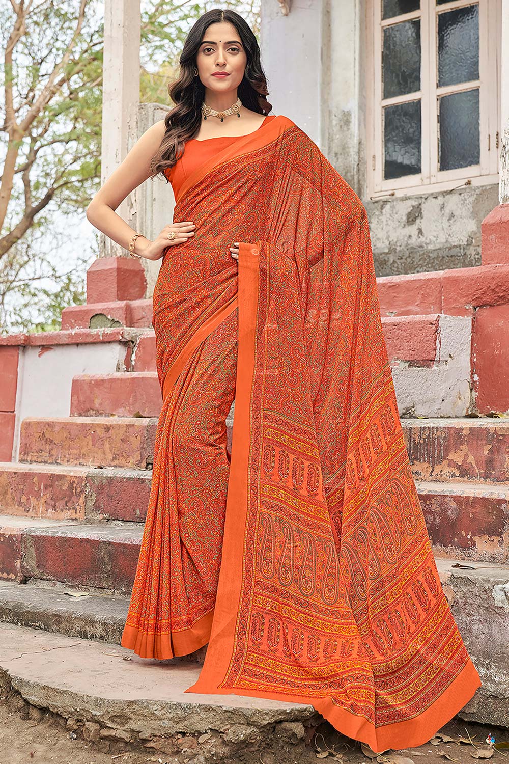 Trina Orange Chiffon Printed Designer One Minute Saree